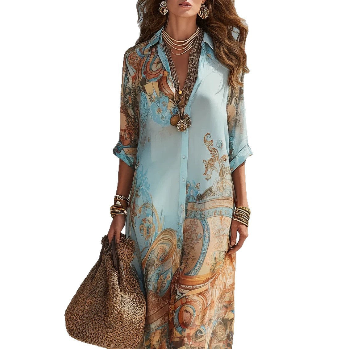 Robe midi évasée vintage en mousseline imprimée numérique – Robe d'été boutonnée pour femme