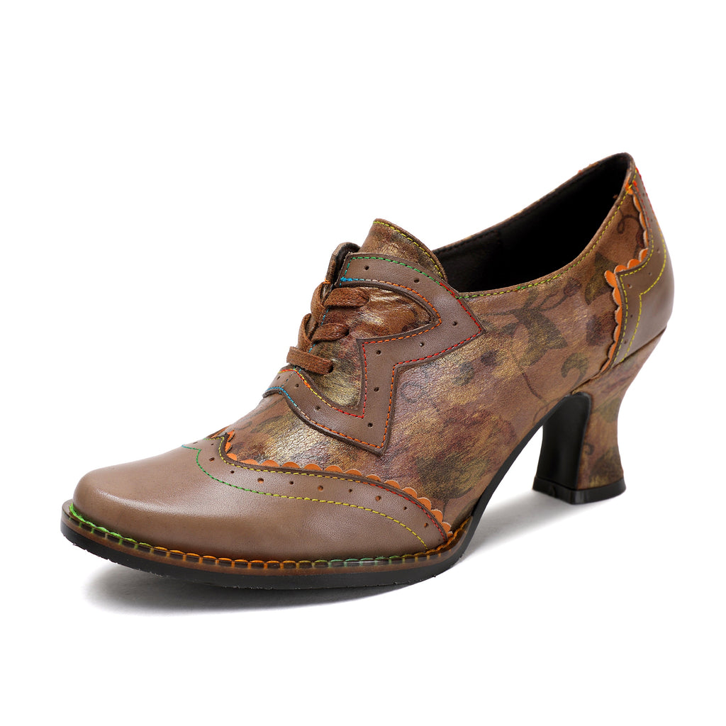 Escarpins Femme Chaussures Faites Main Vintage Mariage Soirée Talon Chaton Floral Bout Rond Élégant Cuir Premium Lacets Chaussures Taupe