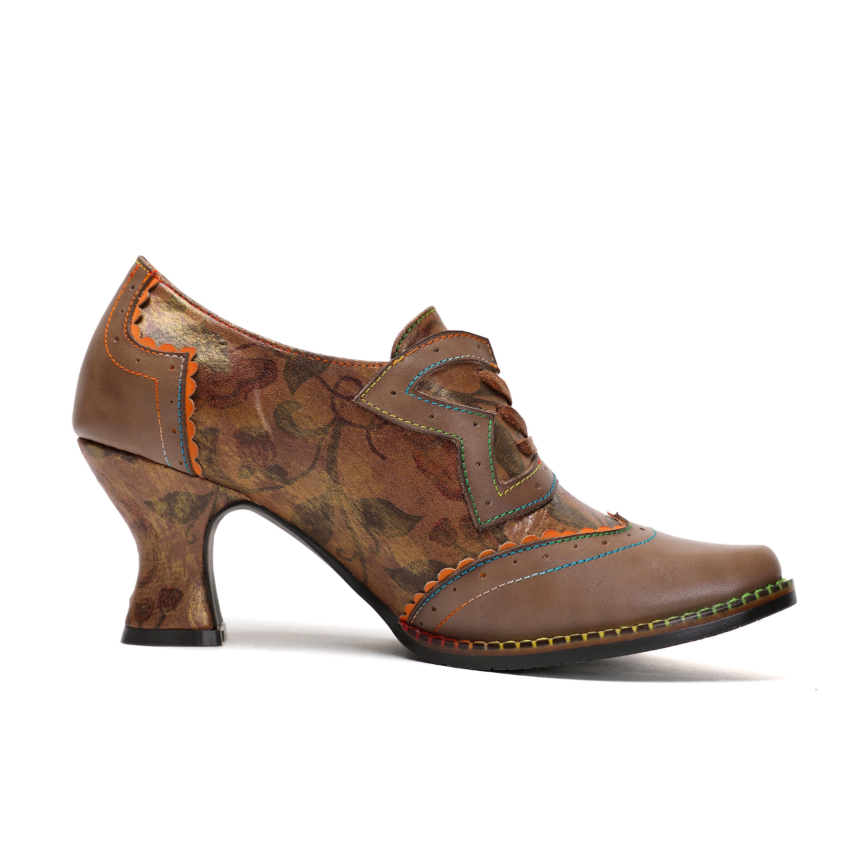 Escarpins Femme Chaussures Faites Main Vintage Mariage Soirée Talon Chaton Floral Bout Rond Élégant Cuir Premium Lacets Chaussures Taupe