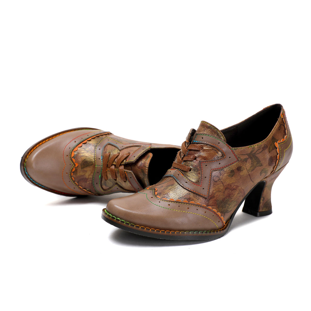 Escarpins Femme Chaussures Faites Main Vintage Mariage Soirée Talon Chaton Floral Bout Rond Élégant Cuir Premium Lacets Chaussures Taupe