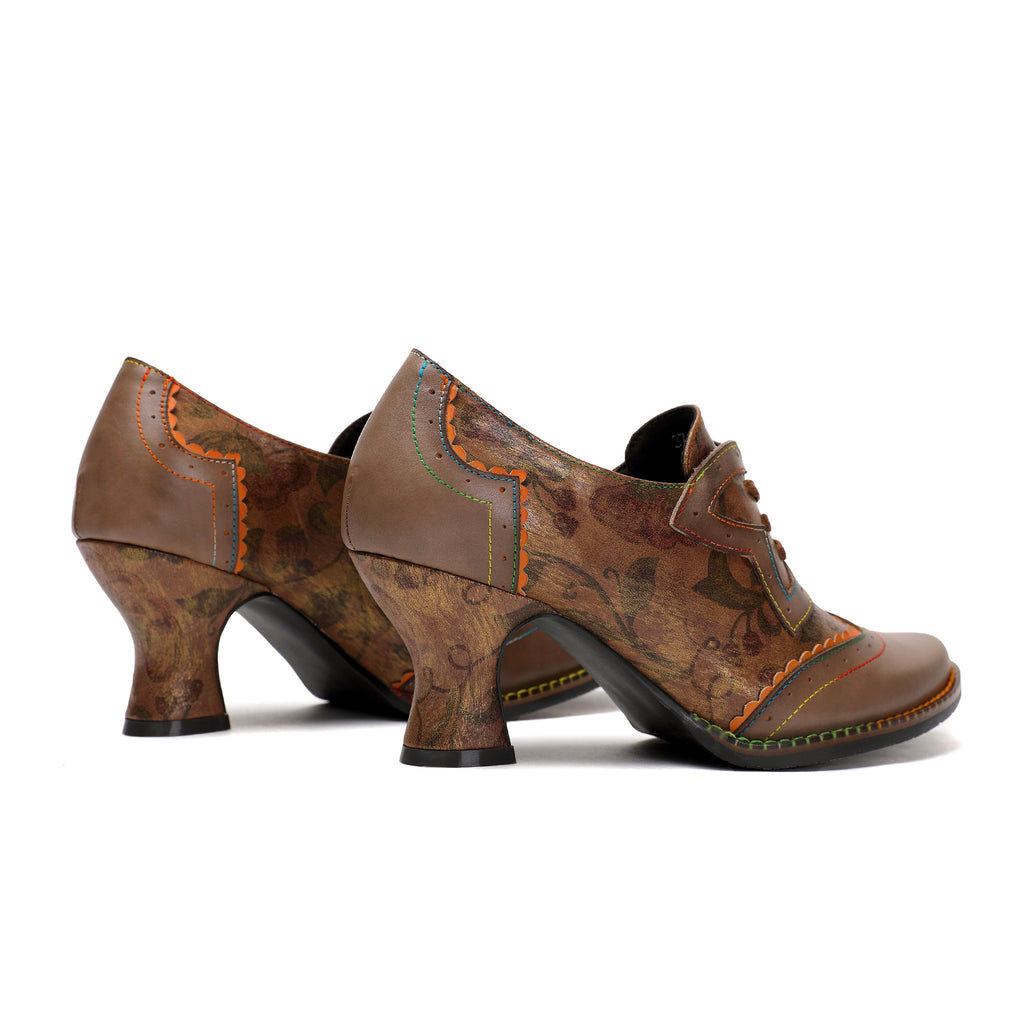 Escarpins Femme Chaussures Faites Main Vintage Mariage Soirée Talon Chaton Floral Bout Rond Élégant Cuir Premium Lacets Chaussures Taupe