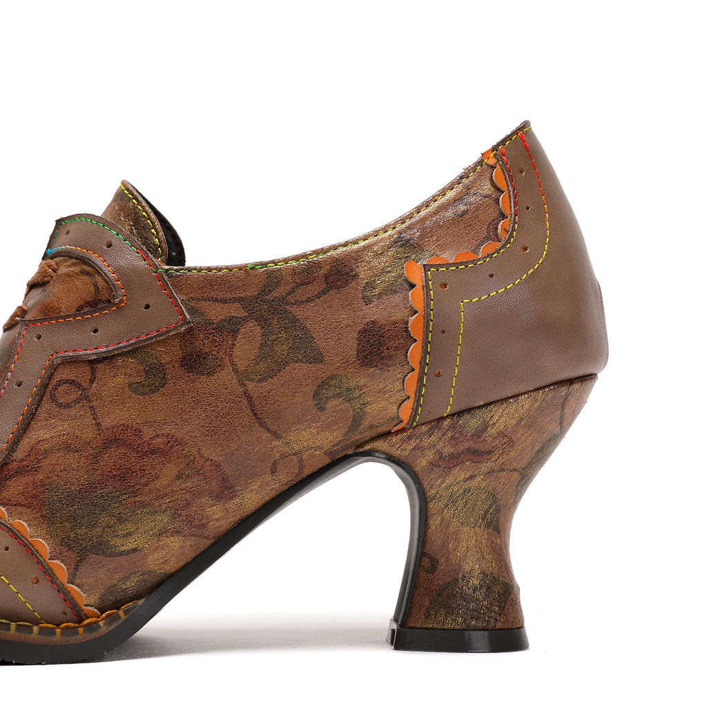 Escarpins Femme Chaussures Faites Main Vintage Mariage Soirée Talon Chaton Floral Bout Rond Élégant Cuir Premium Lacets Chaussures Taupe