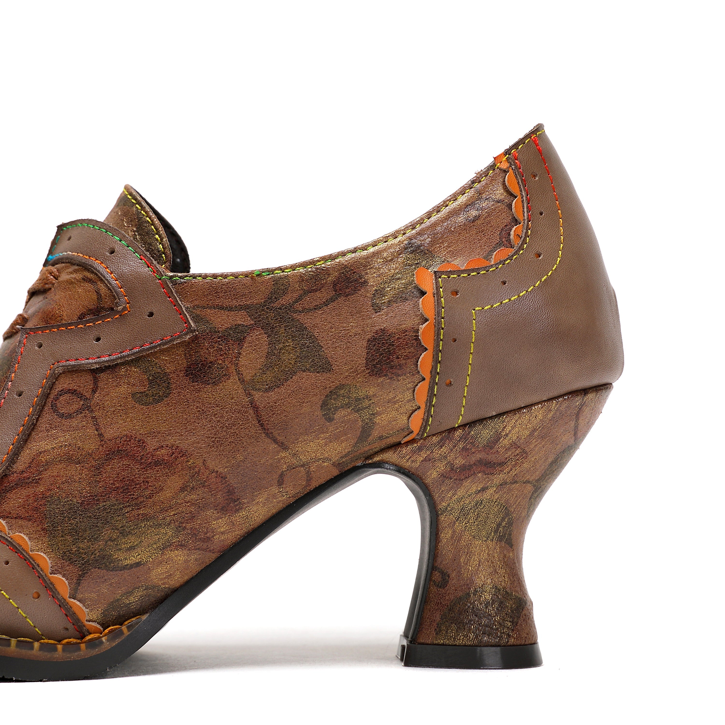Escarpins Femme Chaussures Faites Main Vintage Mariage Soirée Talon Chaton Floral Bout Rond Élégant Cuir Premium Lacets Chaussures Taupe