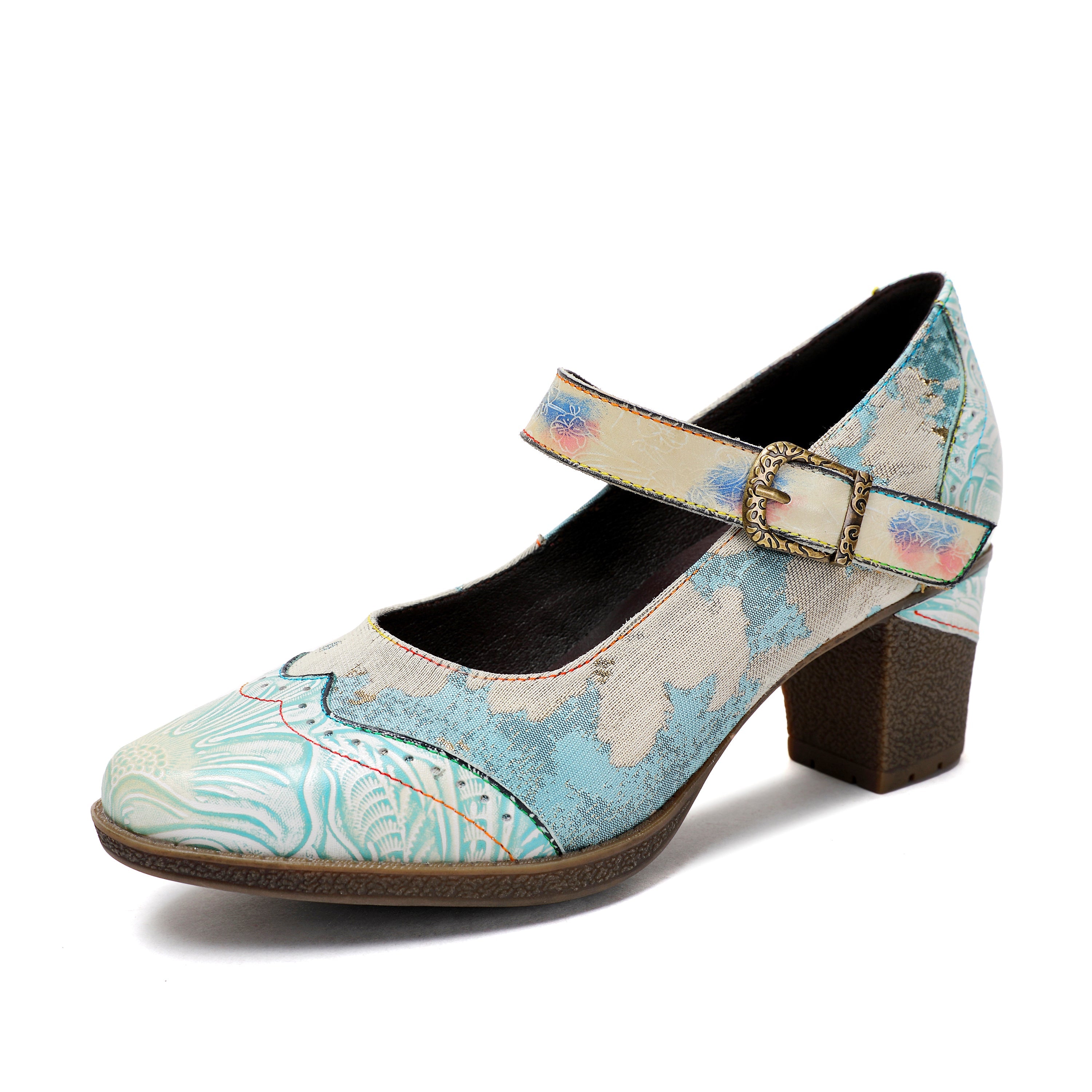 Escarpins Femme Faits Main Mariage Fête Élégants Vintage Cuir Boucle Bleu Clair