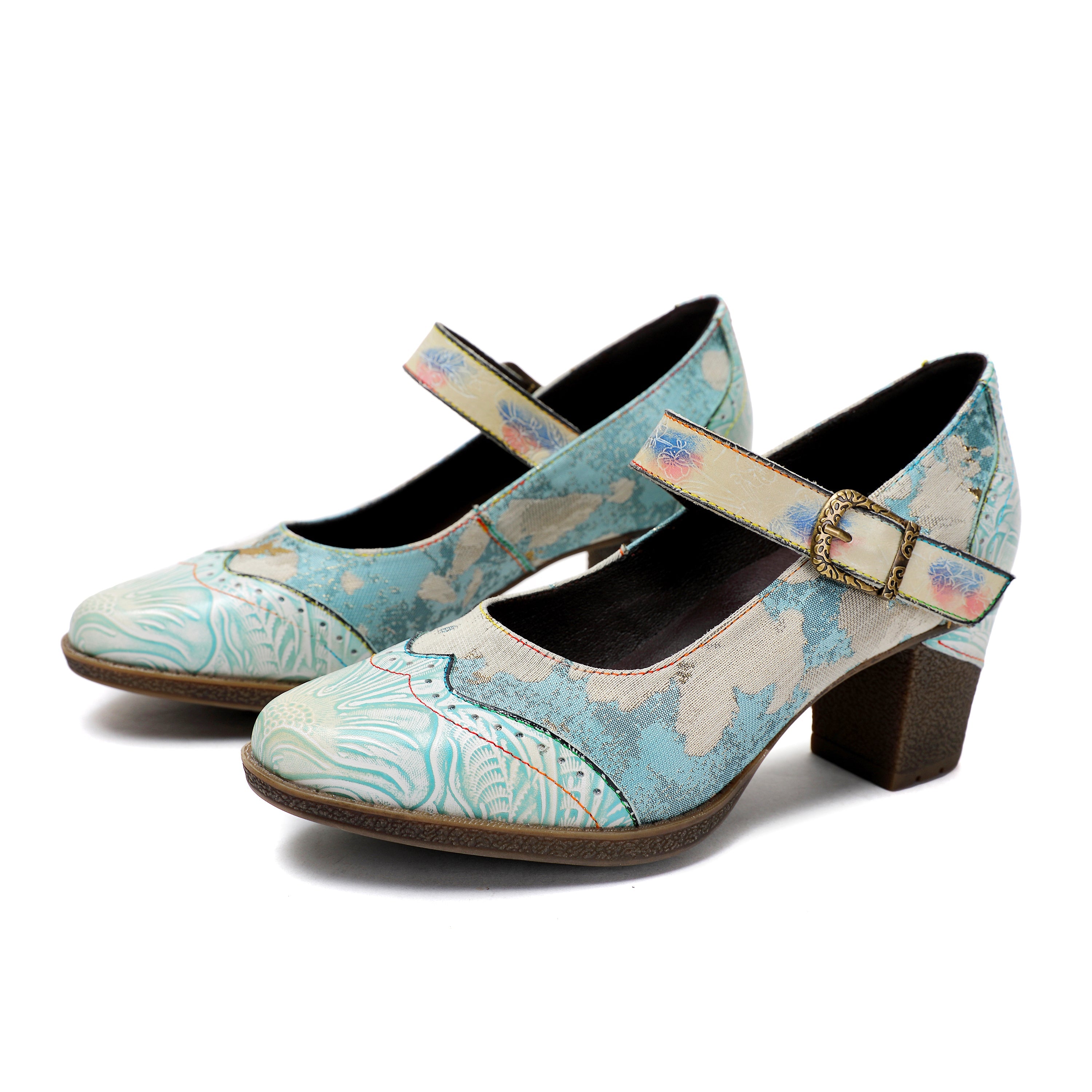Escarpins Femme Faits Main Mariage Fête Élégants Vintage Cuir Boucle Bleu Clair