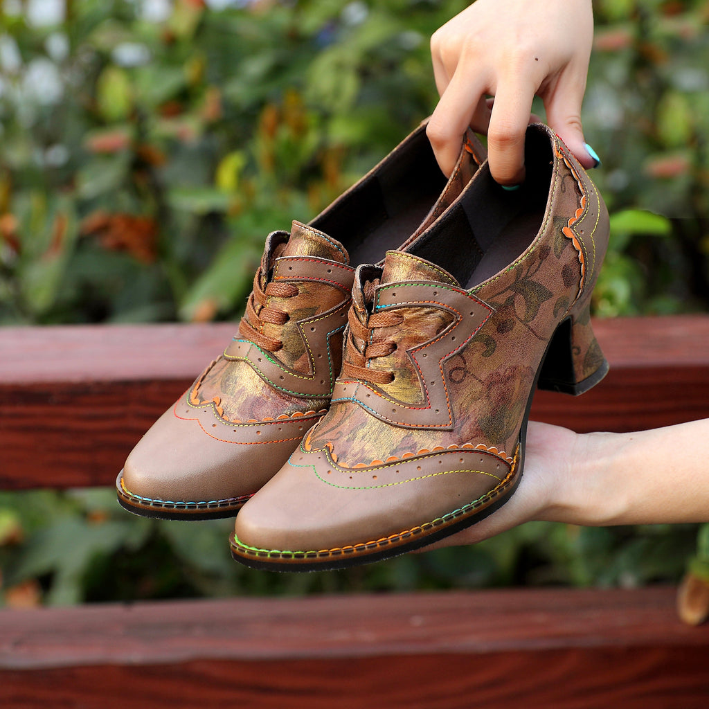 Escarpins Femme Chaussures Faites Main Vintage Mariage Soirée Talon Chaton Floral Bout Rond Élégant Cuir Premium Lacets Chaussures Taupe