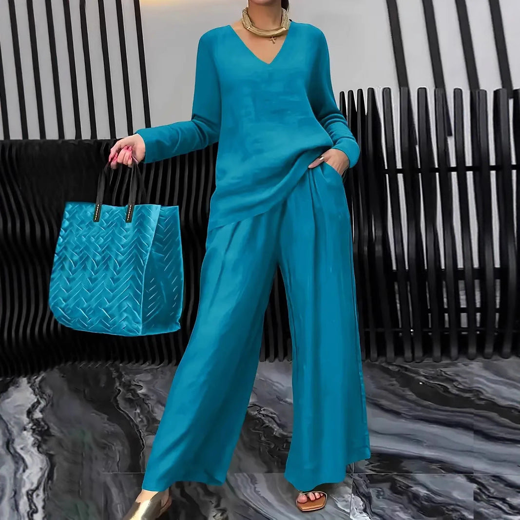 Ensemble de voyage deux pièces haut et pantalon de couleur unie à manches longues