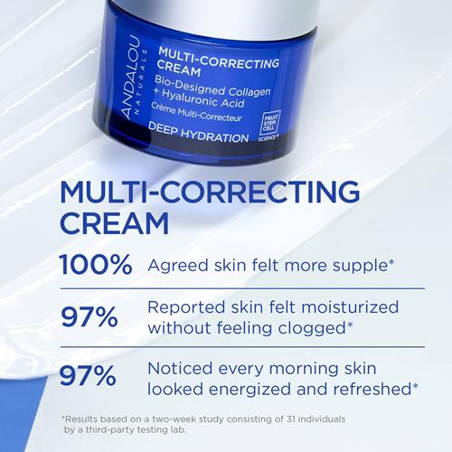 Crème Hydratante Visage Hydratation Intense Andalou Naturals, Crème Multi-Correctrice, Hydratant Jour et Nuit Pour le Visage à l'Acide Hyaluronique et au Collagène Végétalien Pour une Peau Plus Douce et Plus Souple, 50 ml