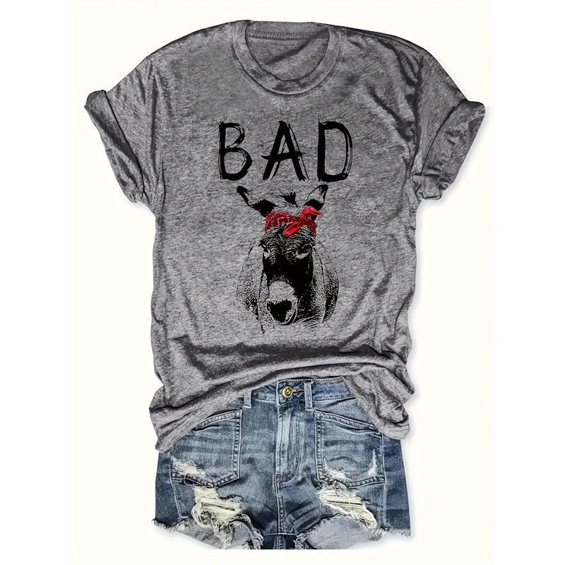 T-shirt décontracté femme à manches courtes avec imprimé animal et lettrage
