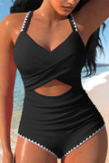 Maillot de bain une pièce Rose Rouge à découpes, blocs de couleurs et galons ric rac