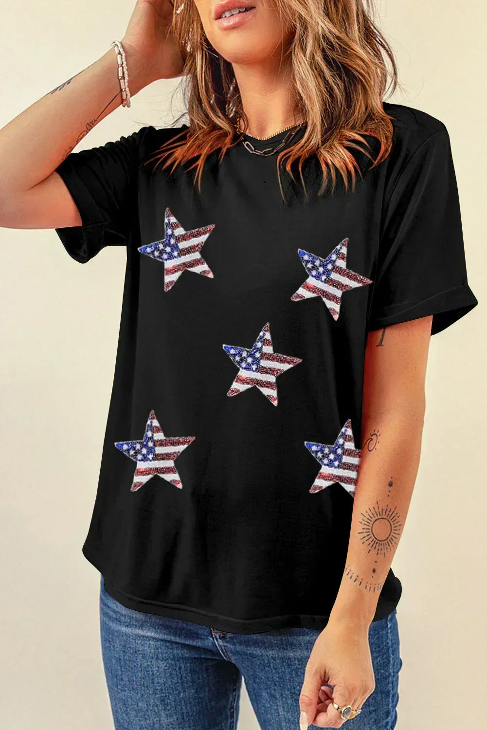 T-shirt graphique étoiles drapeau américain à paillettes noires
