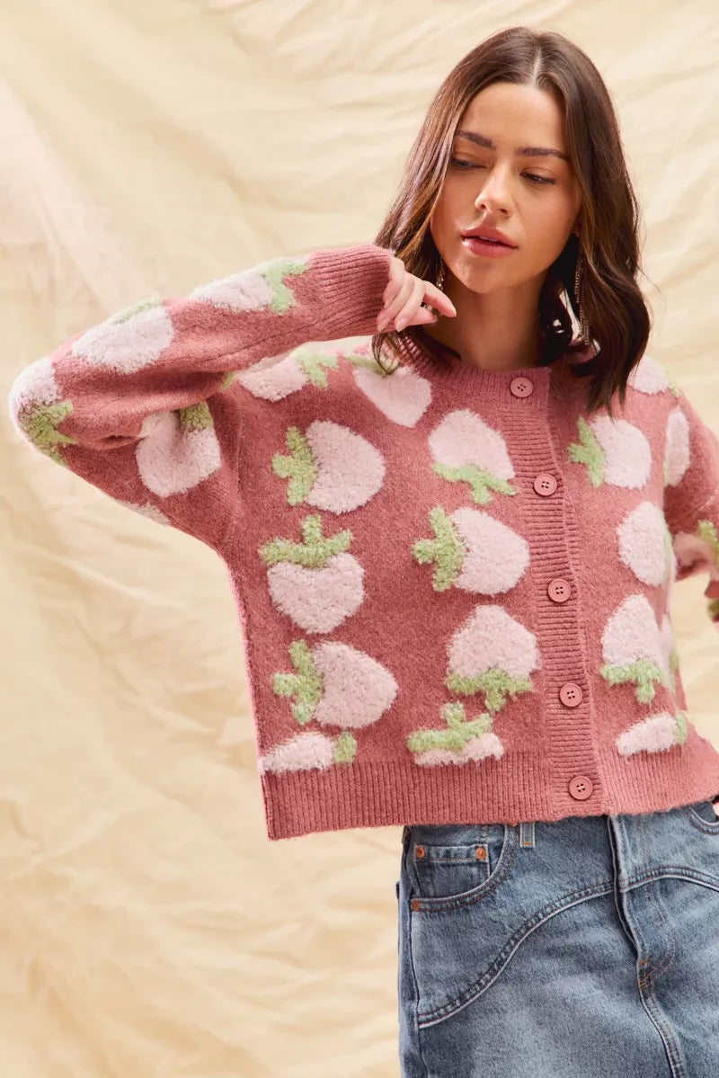 SO ME Cardigan en maille boutonnée à motif de fraises