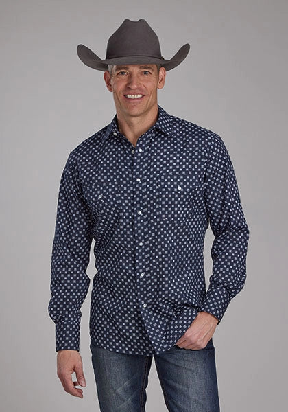 Chemise Western Homme Roper 2284 à Carreaux Blancs (Marine)