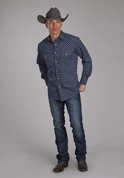 Chemise Western Homme Roper 2284 à Carreaux Blancs (Marine)