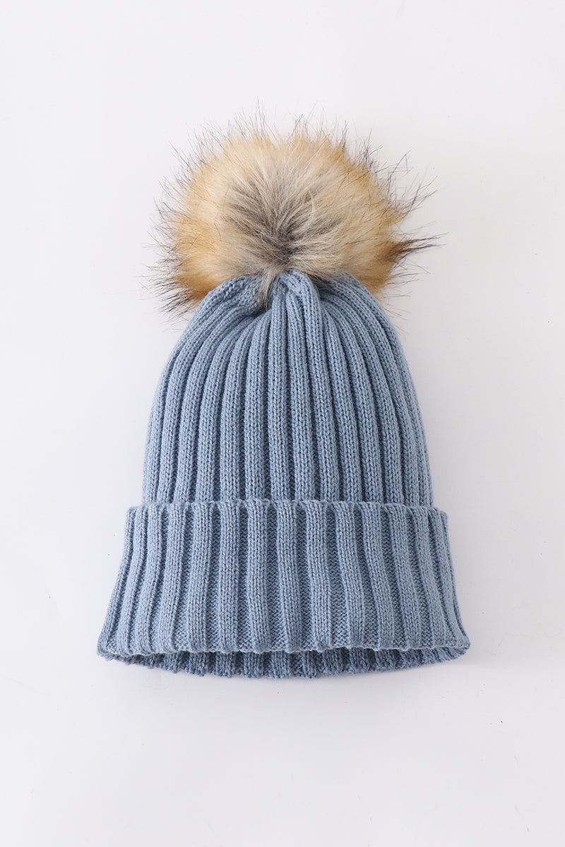 Bonnet à pompon en maille ardoise pour bébé, enfant en bas âge, adulte