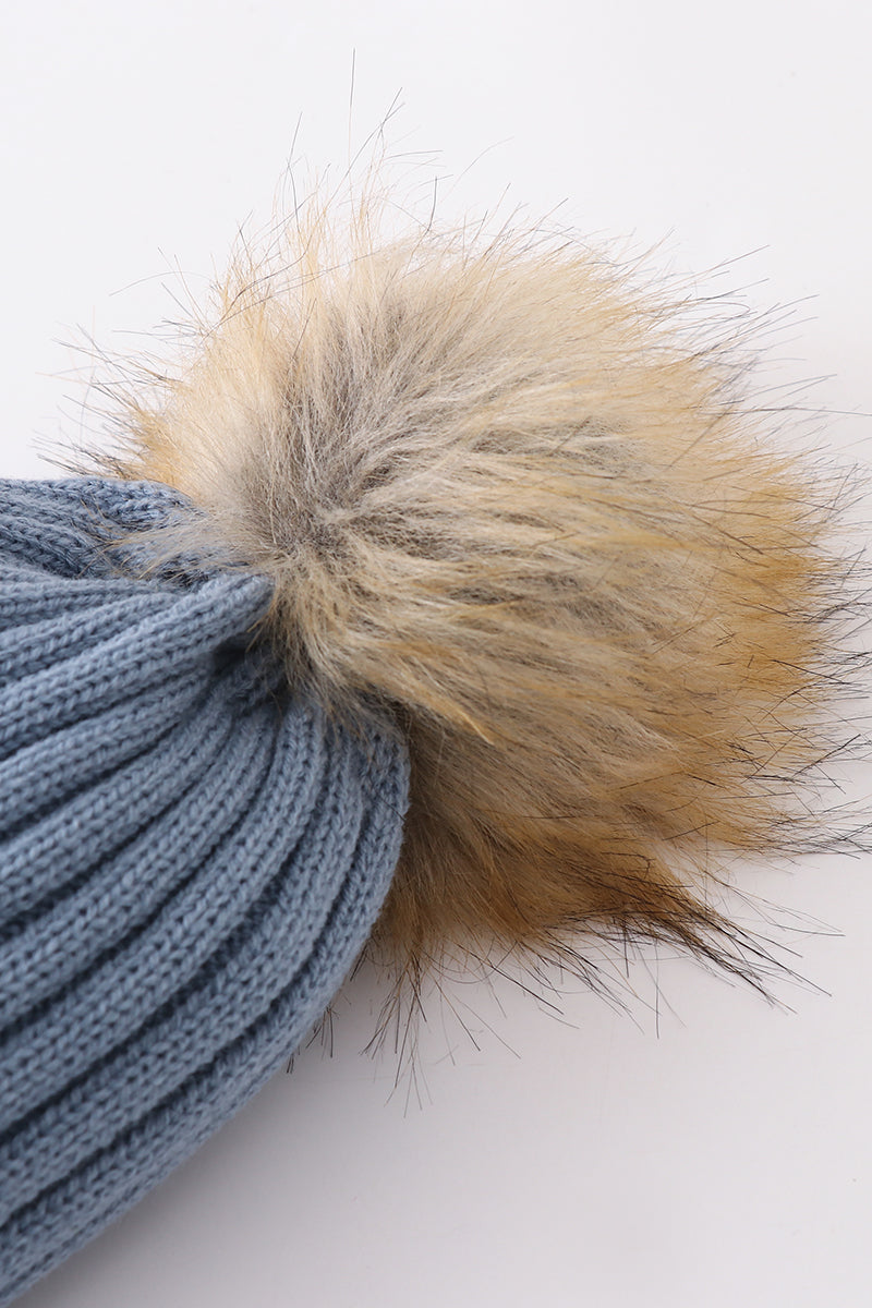Bonnet à pompon en maille ardoise pour bébé, enfant en bas âge, adulte