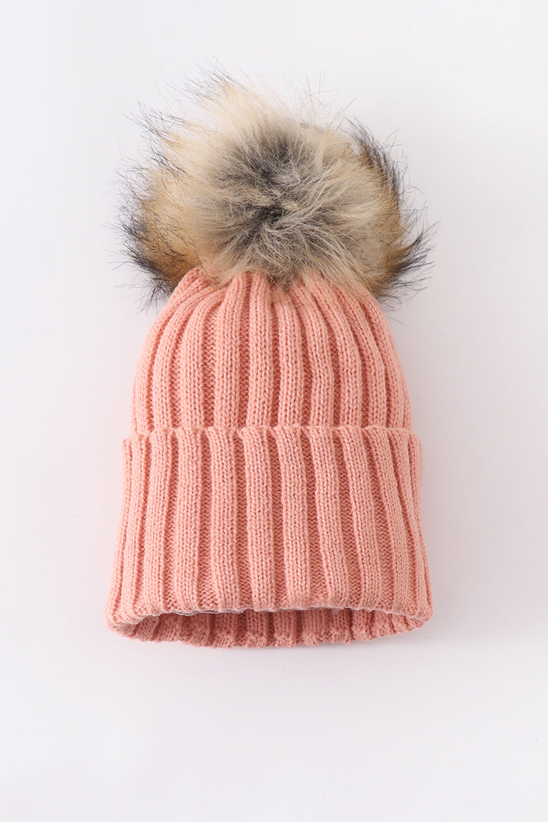 Bonnet tricoté rose corail à pompon pour bébé, enfant en bas âge et adulte