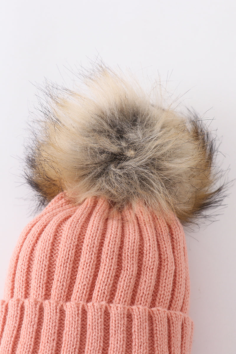 Bonnet tricoté rose corail à pompon pour bébé, enfant en bas âge et adulte
