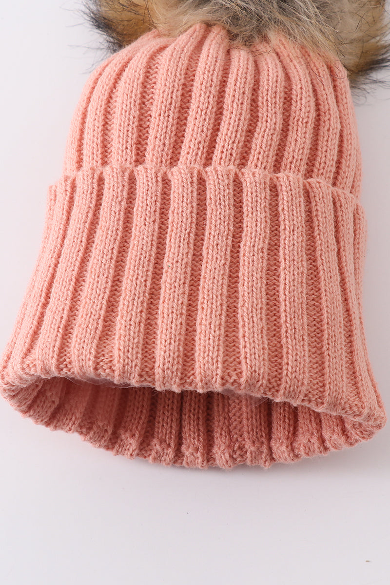 Bonnet tricoté rose corail à pompon pour bébé, enfant en bas âge et adulte