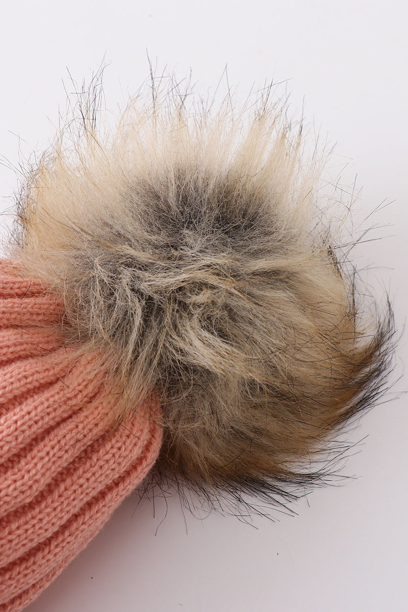Bonnet tricoté rose corail à pompon pour bébé, enfant en bas âge et adulte