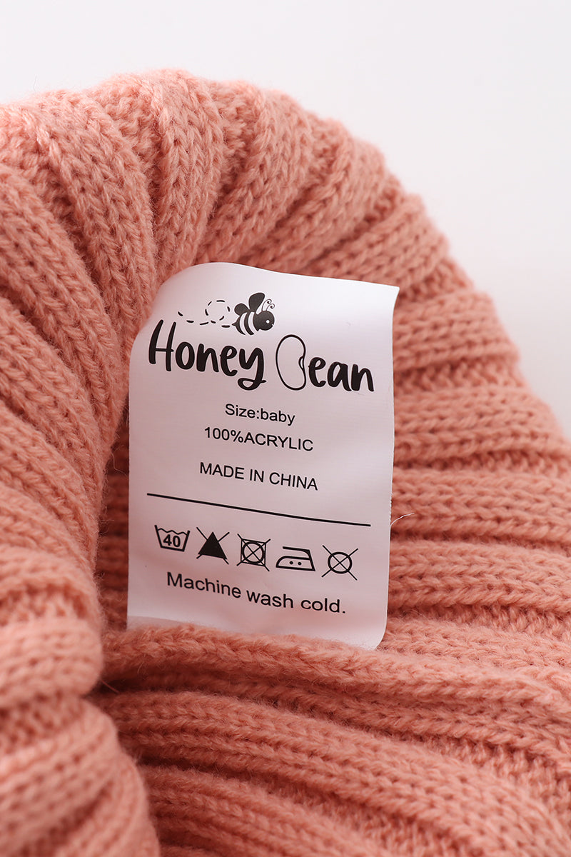 Bonnet tricoté rose corail à pompon pour bébé, enfant en bas âge et adulte
