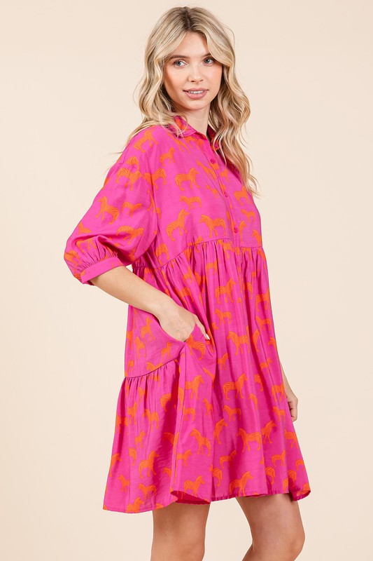 Mini-robe chemise boutonnée imprimé zèbre pour femmes – Robe fluide, audacieuse et tendance avec poches et étages superposés