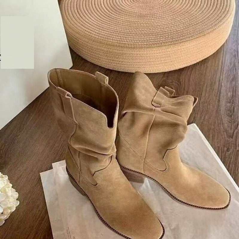 Bottes courtes plissées en cuir de vachette style western pour femme, collection automne