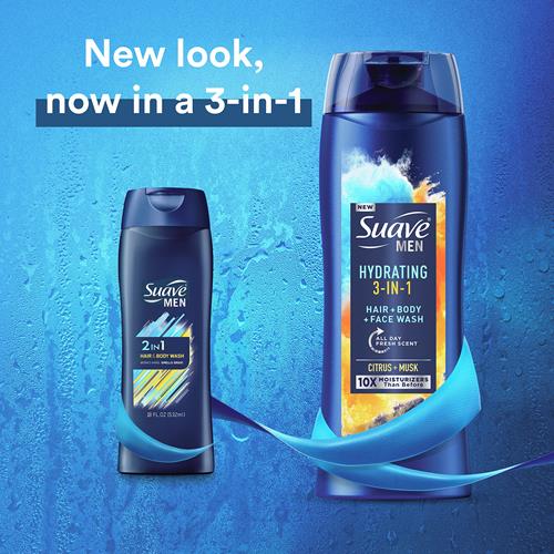 Gel douche 3 en 1 pour homme Suave Men, savon pour le corps pour une peau et des cheveux hydratés, pour le corps, le visage et les cheveux, avec un parfum frais longue durée, 532 ml