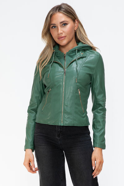 Veste à capuche en similicuir zippée avec cordon de serrage pour femme, élégante et décontractée, en cuir PU pour le streetwear