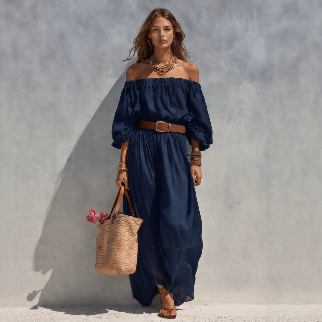 Robe longue sans manches en coton et lin à col bateau pour femme