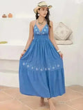 Robe longue sans manches à encolure américaine imprimée - Style vacances fluide en viscose | Femstylo