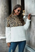 Sweat-shirt Teddy demi-zip imprimé léopard pour femme | Femstylo