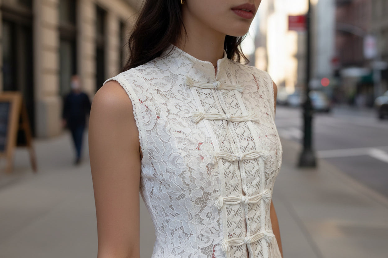 Haut sans manches en crochet et dentelle à col montant, coupe ajustée – 3 couleurs, tailles S-L