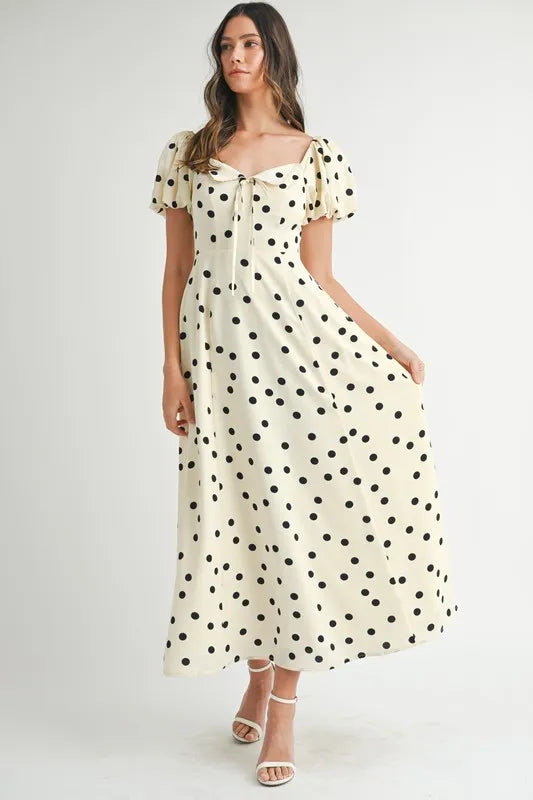 Robe mi-longue à pois et manches bouffantes pour femmes – Robe vintage à pois et volants, Robe féminine à manches bouffantes, Robe mi-longue rétro, Robe chic classique
