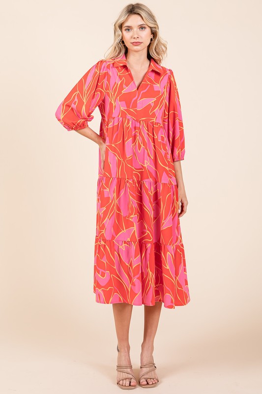 Nouvelle robe midi d'été à plusieurs niveaux, imprimée et col chemise pour femme – Une robe élégante et polyvalente au style raffiné et féminin