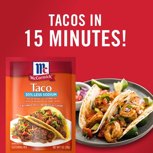 Mélange d'assaisonnement pour tacos McCormick, 30 % moins de sodium, sans glutamate monosodique ajouté, sans arômes artificiels, pour tacos, nachos, fajitas et plus, 28 g