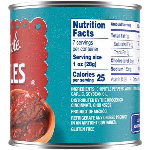 Piments entiers Chipotle sans gluten Kroger en sauce Adobo 7 oz