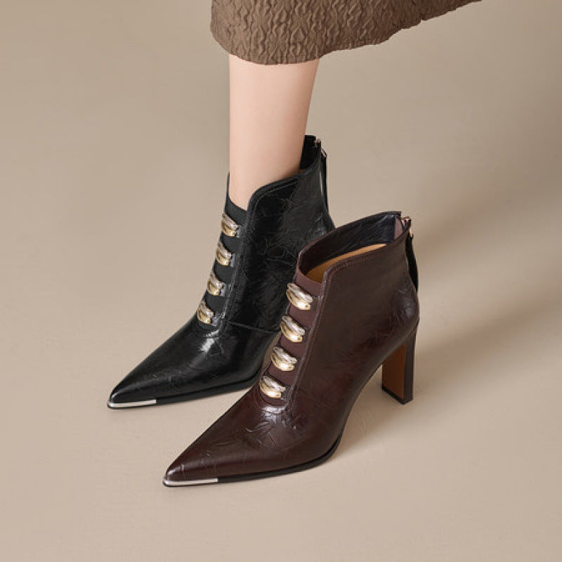 Bottes courtes en satin à bout pointu et talon carré pour femme – Talon ultra haut