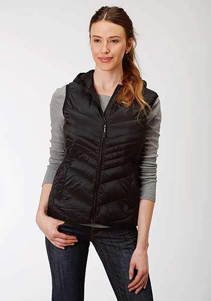 Gilet en duvet matelassé à chevrons et capuche Roper (Noir) - Gilet pour femme