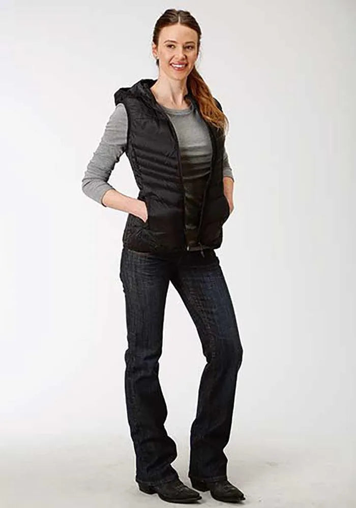 Gilet en duvet matelassé à chevrons et capuche Roper (Noir) - Gilet pour femme
