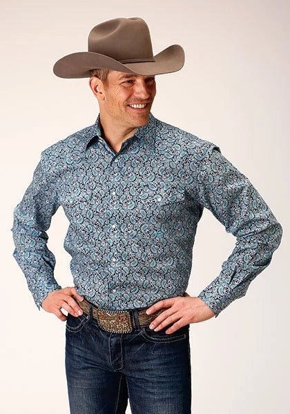 Chemise western Roper 1563 motif paon cachemire (bleu) pour homme