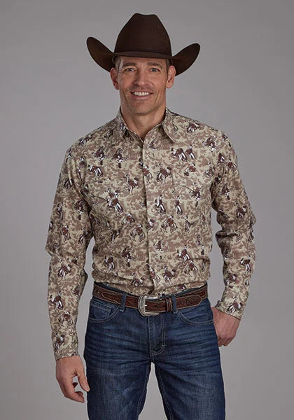 Chemise western Roper 2116 Brushstroke Cowboys Print (Marron) pour homme