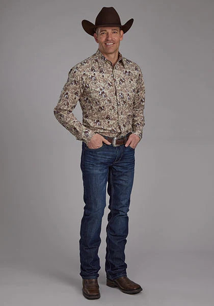 Chemise western Roper 2116 Brushstroke Cowboys Print (Marron) pour homme