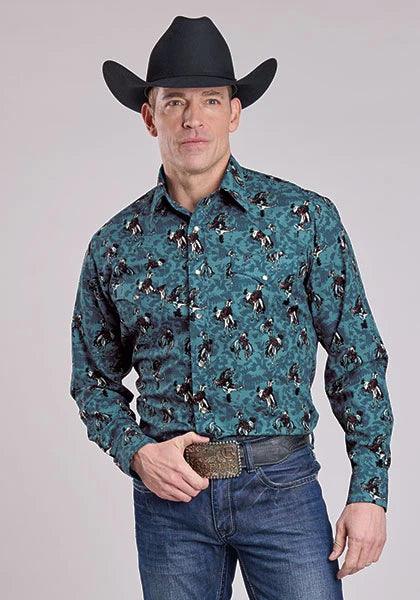 Chemise Western Homme Roper 2627 Imprimé Cowboys Coups de Pinceau (Bleu)