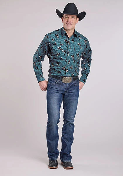 Chemise Western Homme Roper 2627 Imprimé Cowboys Coups de Pinceau (Bleu)