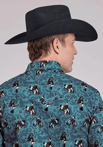 Chemise Western Homme Roper 2627 Imprimé Cowboys Coups de Pinceau (Bleu)