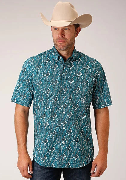Chemise homme à manches courtes Roper 1449 Upstream Paisley (bleue)