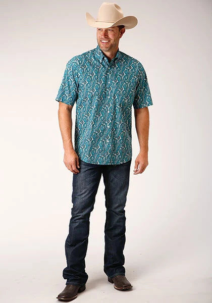 Chemise homme à manches courtes Roper 1449 Upstream Paisley (bleue)