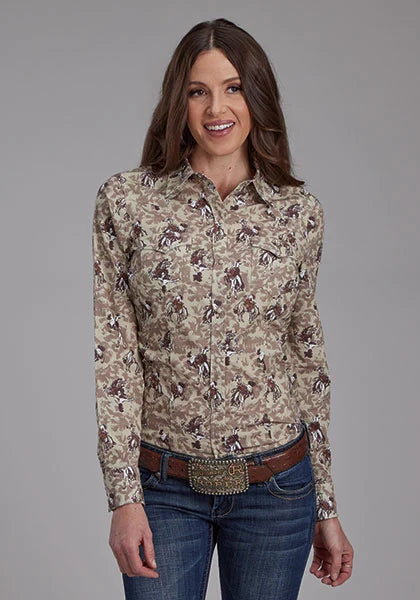 Chemise Western femme - Roper 2116 Brushstroke Cowboys (Marron)