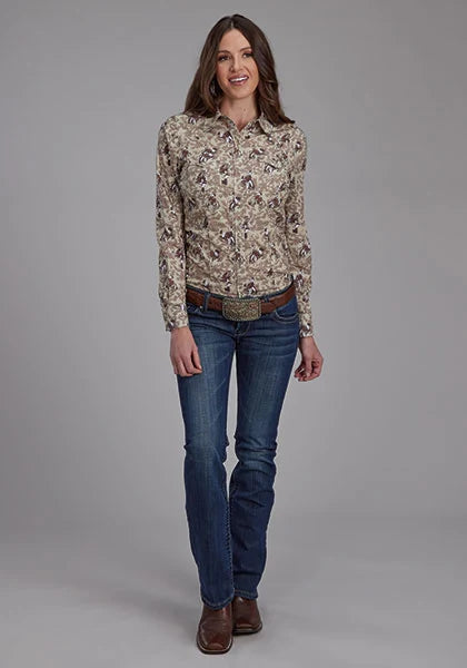 Chemise Western femme - Roper 2116 Brushstroke Cowboys (Marron)